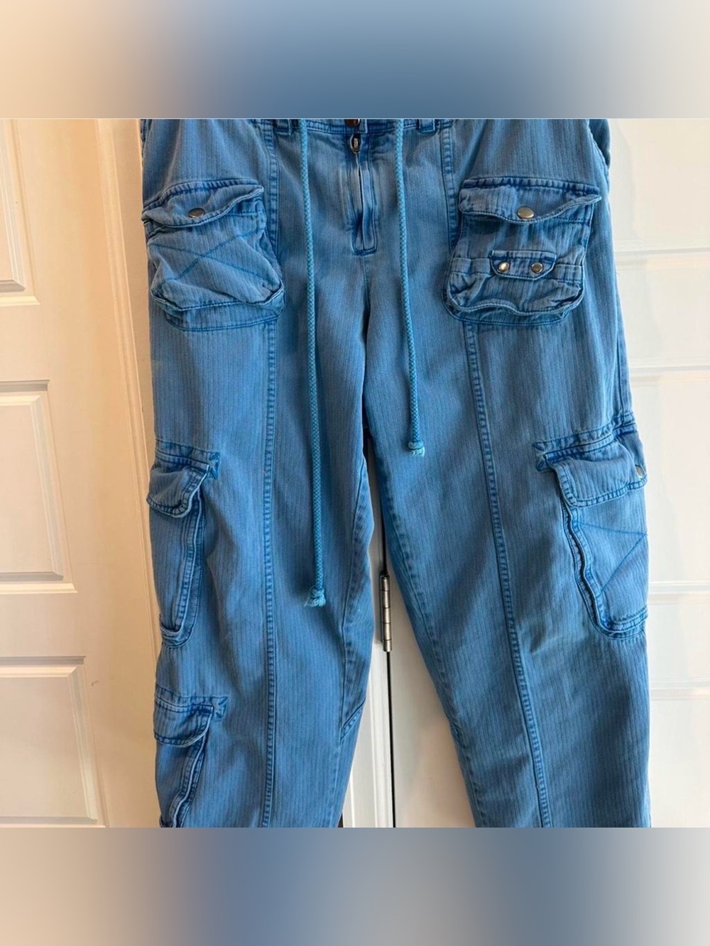 Free People Light Blue Denim-Style Tahiti Cargo Pants. Like New!